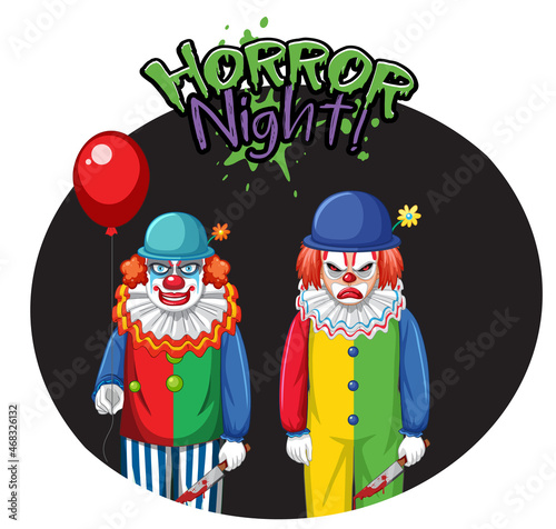 Horror Night badge with two creepy clowns