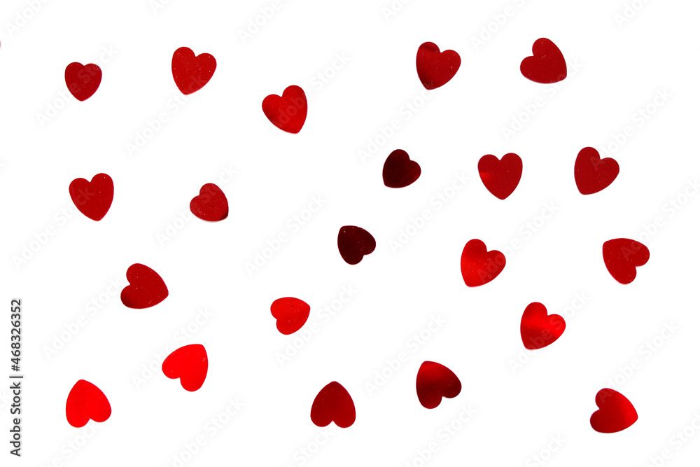 Red hearts shiny confetti on white background, frame of hearts pattern
Red hearts shiny confetti on white background, frame of hearts pattern