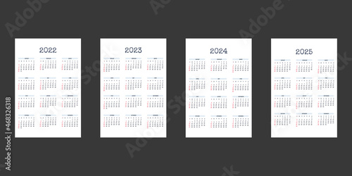 2022 2023 2024 2025 calendar template in classic strict style with type written font. Monthly calendar individual schedule minimalism restrained design for business notebook. Week starts on sunday