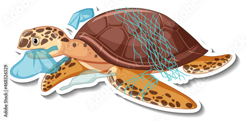Turtle stuck with plastic trash cartoon sticker