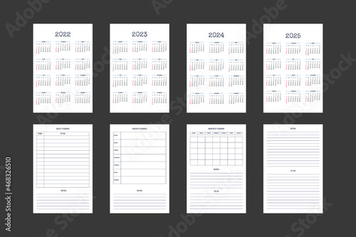 2022 2023 2024 2025 calendar and daily weekly monthly personal planner diary template in classic strict style. Monthly calendar individual schedule restrained design business notebook