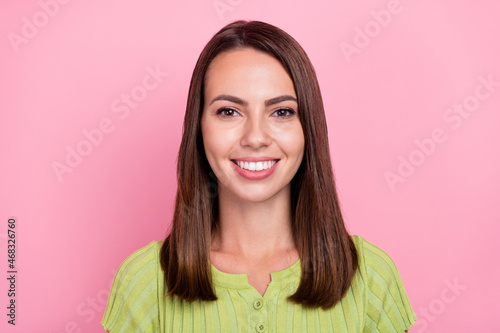 Photo of young cheerful lady good mood shirt top peaceful whitening teeth isolated over pink color background