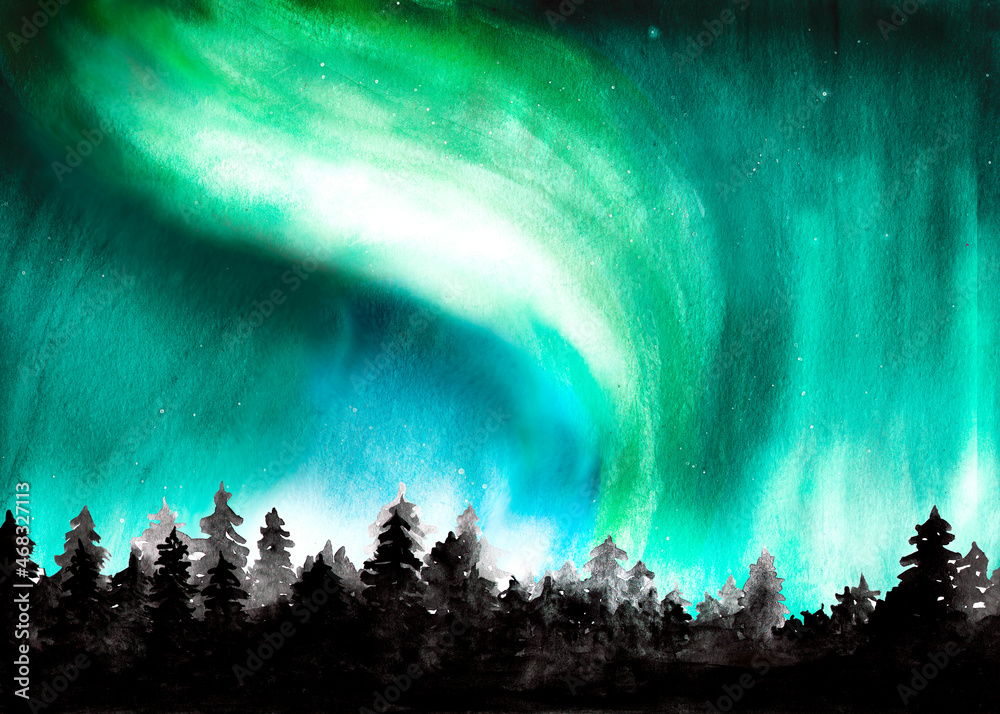 Watercolor painting of northern lights