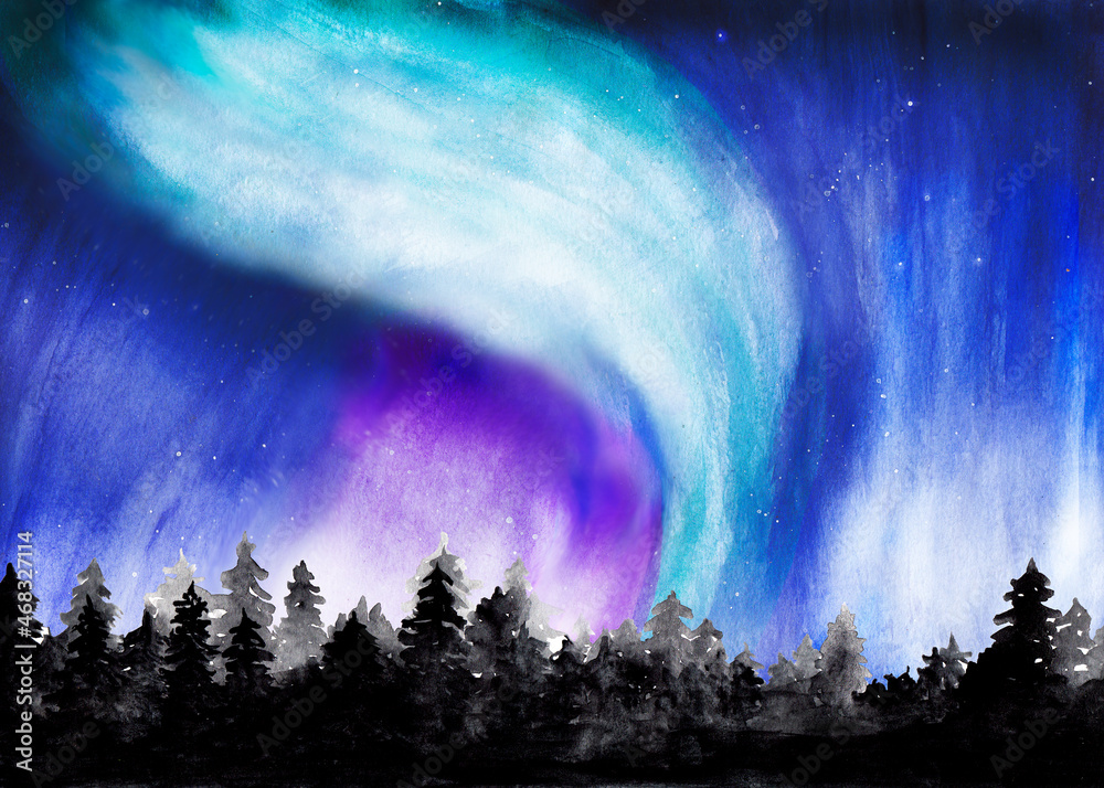 Watercolor painting of northern lights