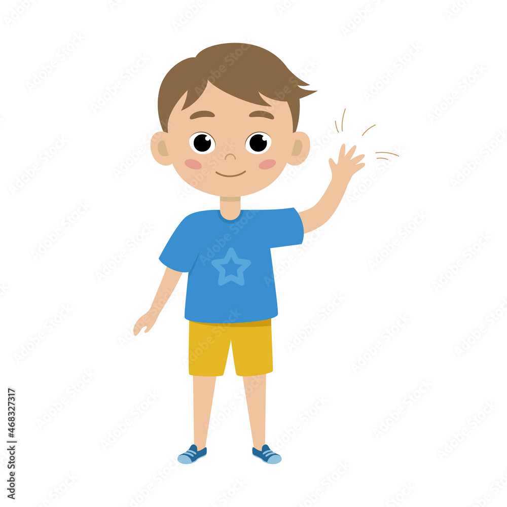 Cute boy kid. Funny child isolated on white background. Baby gesturing hello or goodbye, raised hand. Happy emotion boy. Vector illustration in flat style