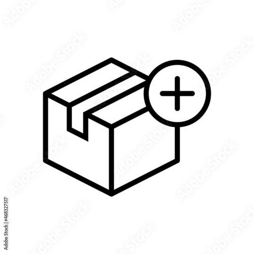 Delivery box with plus sign line icon. Add to cart symbol. Online shopping ordering concept. Choose product options. Free shipping included. Choose transport options. Vector illustration, clip art.