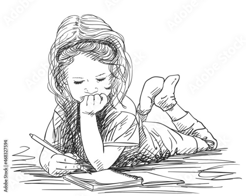 girl drawing laying on floor vector sketch