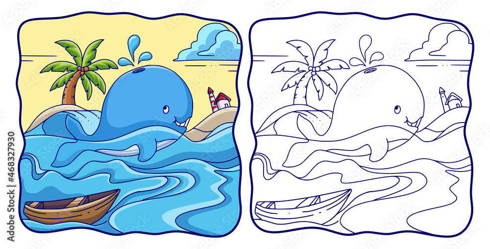 cartoon illustration Whale swims in the sea and spouts water from above his head coloring book or page for kids