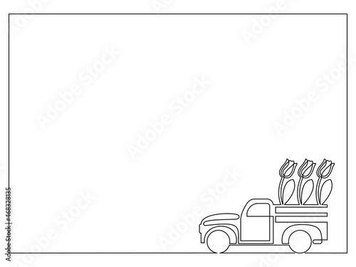 Frame with retro pickup truck with tulips, continuous line. Vector illustration, isolated on white background.