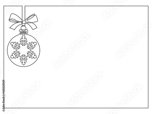 Frame with Christmas decoration ball with snowflake pattern and ribbon bow, continuous line. Vector illustration, isolated on white background.