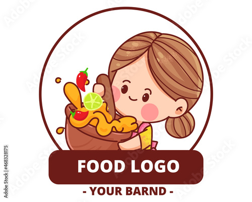 Happy cute chef with Papaya Salad logo hand drawn cartoon art illustration