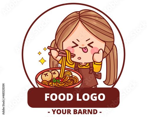 Cute girl noodles food logo hand drawn cartoon art illustration
