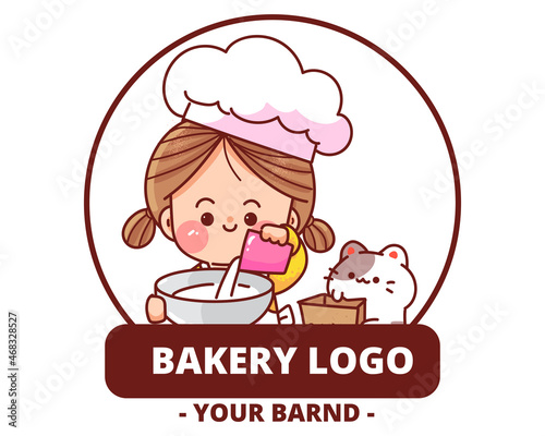 Cute girl bakery logo homemade hand drawn cartoon art illustration