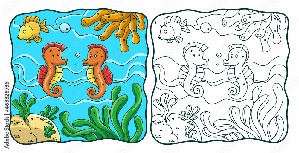 cartoon illustration two seahorses and one fish are in the water coloring book or page for kids cartoon illustration two seahorses and one fish are in the water coloring book or page for kids