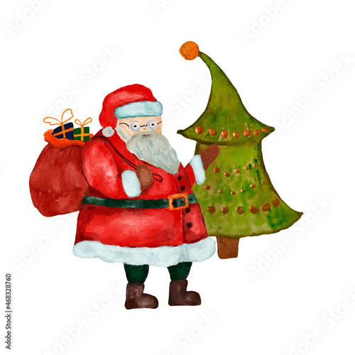 Watercolor illustration of a set Santa Claus with a bag of gifts and a Christmas tree. Hand-drawn and suitable for all types of design and printing.