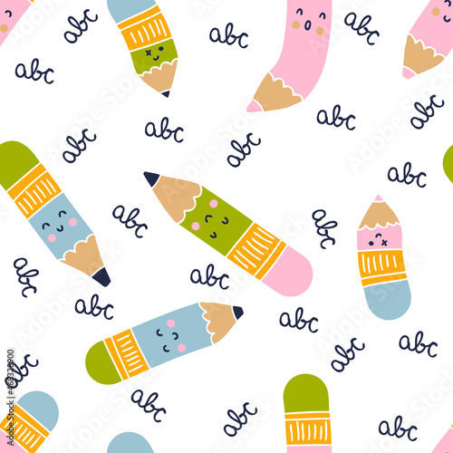 Colorful pencils and letters doodle vector seamless pattern. Design for decoration notebook, planner, notepad, copybook and journal. Perfect for T-shirt, fabric, textile and print. 
