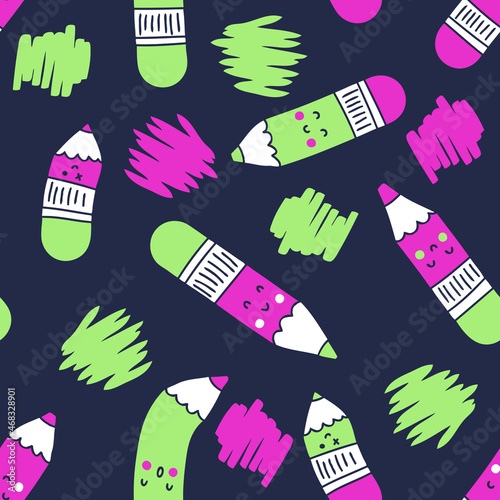 Hand drawn vector seamless pattern with pencils and doodles. Perfect for T-shirt, fabric, textile and print. Design for decoration notebook, planner, notepad, copybook and journal. 
