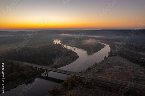 Aerial autumn fall sunrise dawn view in Neris regional park, Lithuania © Top Lithuania