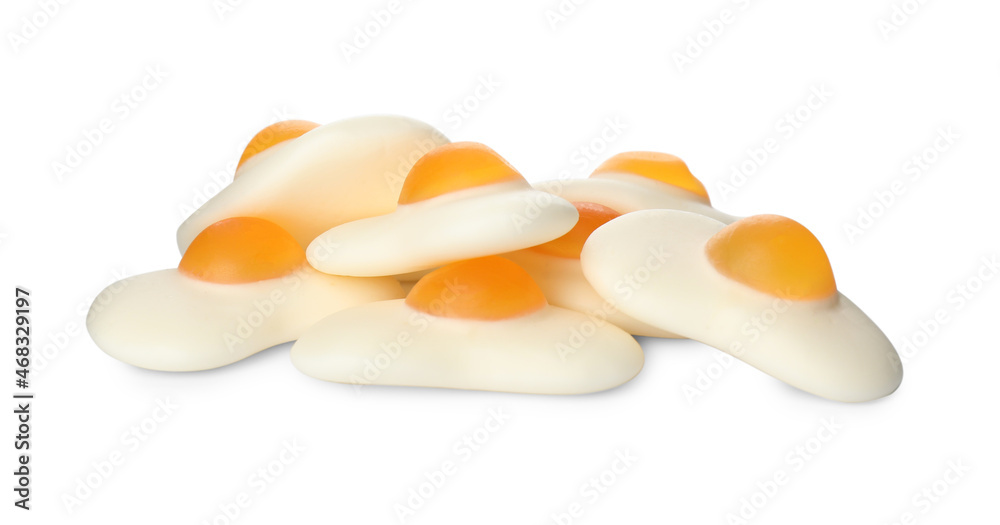 Tasty jelly candies in shape of egg on white background Tasty jelly candies in shape of egg on white background