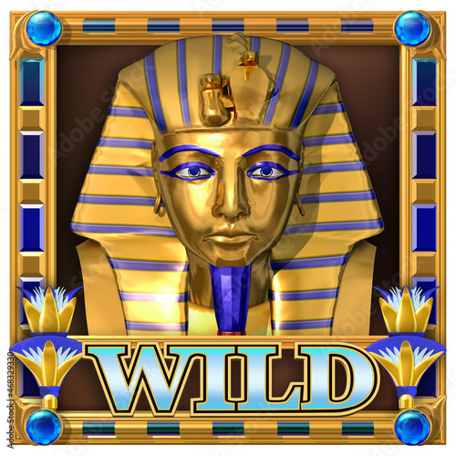 3D illustration of a golden mask depicting an ancient Egyptian Pharaoh, surrounded by a golden decorative frame with blue ornaments. Egyptian themed Wild symbol for slot game