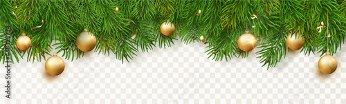 Christmas border with fir branches, Christmas gold ball and confetti. Winter holiday background isolated. Great for New year cards, banners, headers, party posters