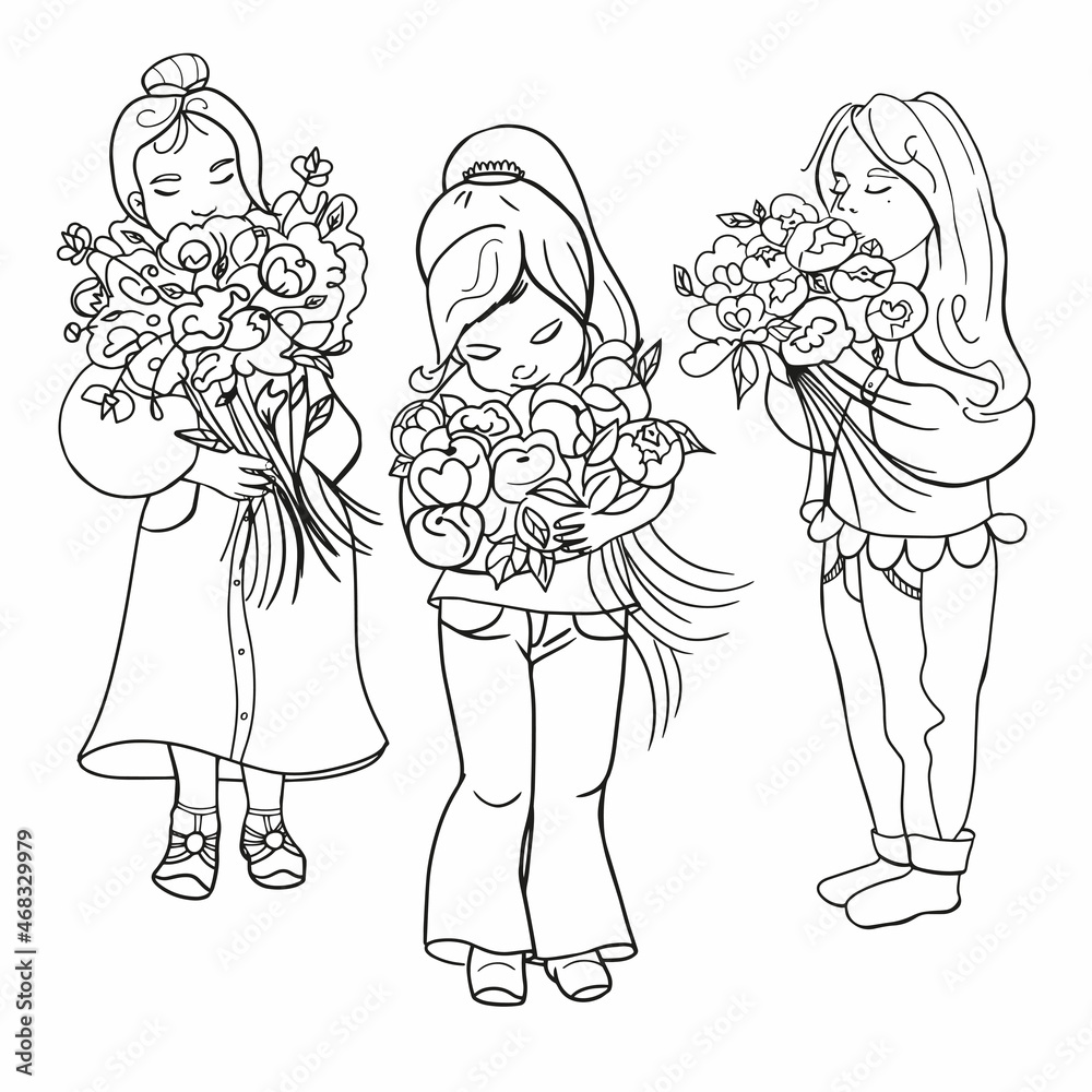 Set of girl with flowers. Girl in different clothes with a bouquet of peonies. Hand-drawn. Image for postcards, textiles, stationery, decorative element. Black and white vector illustration. Isolated. Set of girl with flowers. Girl in different clothes with a bouquet of peonies. Hand-drawn. Image for postcards, textiles, stationery, decorative element. Black and white vector illustration. Isolated.