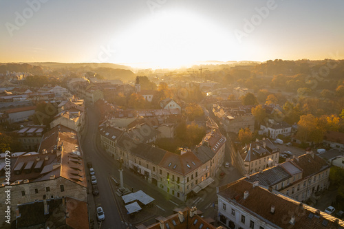 Aerial autumn fall sunrise view of Užupis district in Vilnius, Lithuania 