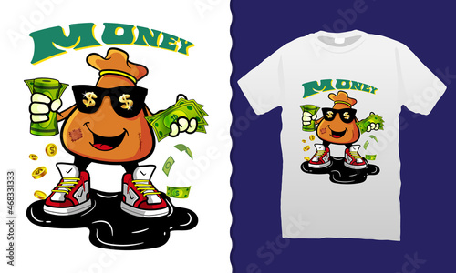 Money bitcoin symbol cartoon illustration t-shirt design. funny memes design for merchandise and print