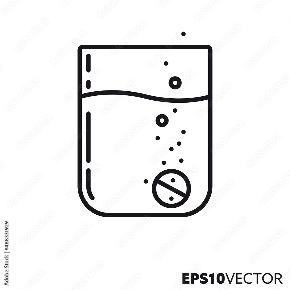 Effervescent tablet dissolving in glass line icon. Outline symbol of medicine against headaches. Health care and medicine concept flat vector illustration. Effervescent tablet dissolving in glass line icon. Outline symbol of medicine against headaches. Health care and medicine concept flat vector illustration.