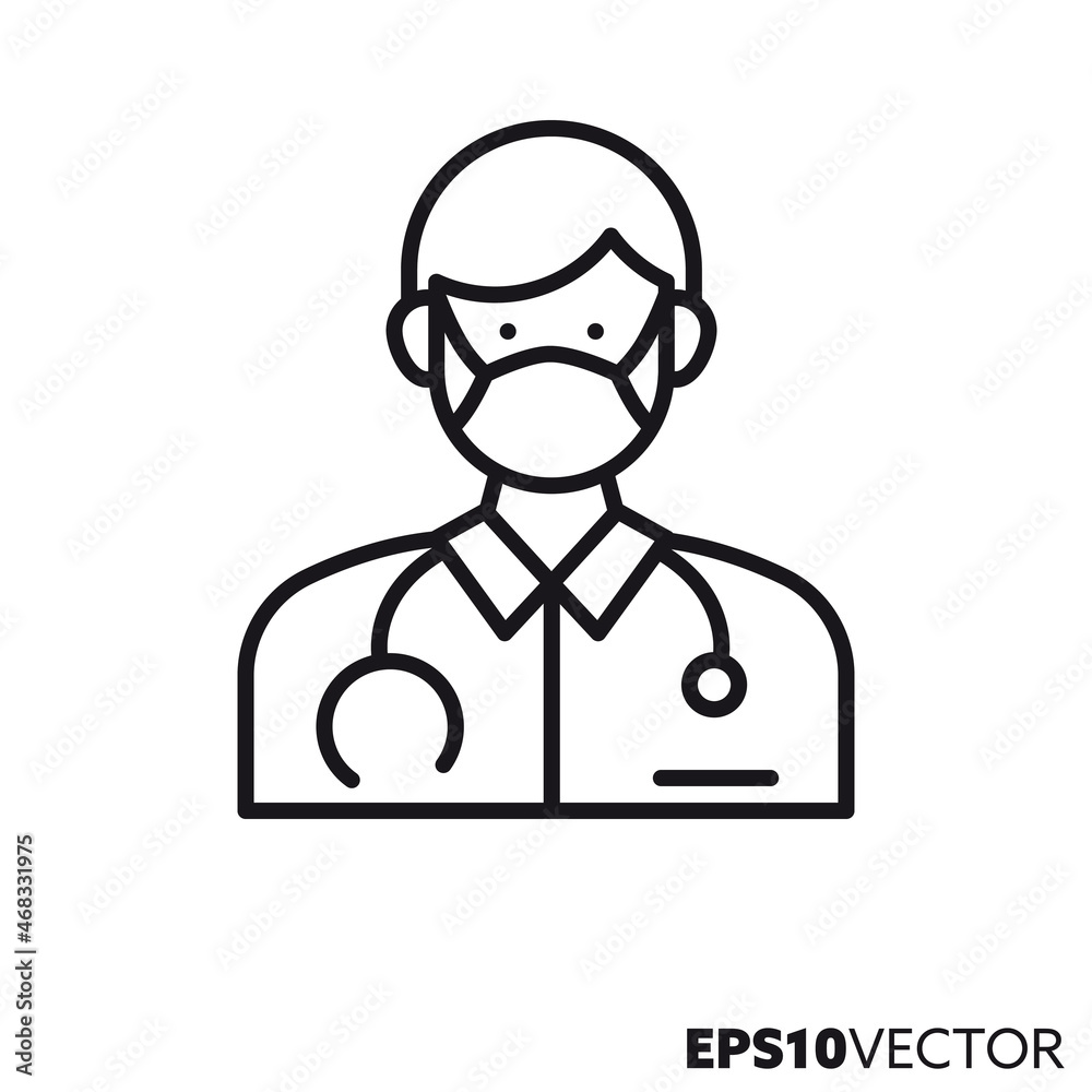 Male doctor with surgical mask line icon. Outline symbol of man working in health care. Medical profession, virus protection and hygiene concept flat vector illustration. Male doctor with surgical mask line icon. Outline symbol of man working in health care. Medical profession, virus protection and hygiene concept flat vector illustration.