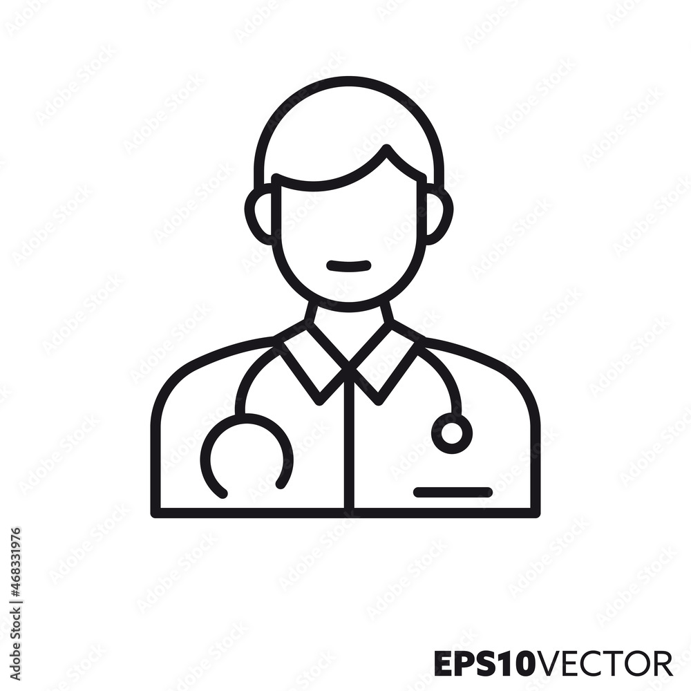 Male doctor line icon. Outline symbol of man working in health care. Medical profession flat vector illustration. Male doctor line icon. Outline symbol of man working in health care. Medical profession flat vector illustration.