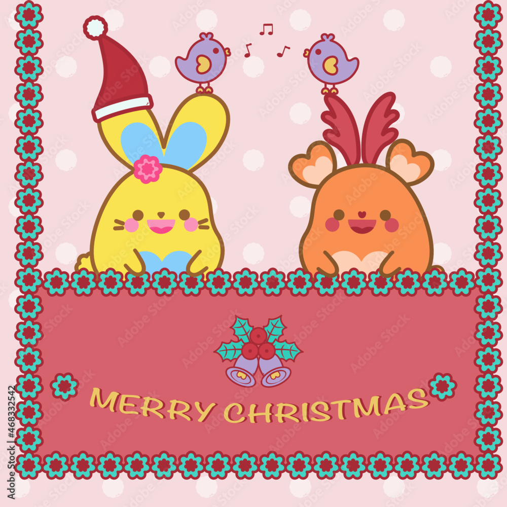 Merry Christmas! Happy cute bunny and cheerful reindeer holding flowers frame sign hanging. Merry Christmas! Happy cute bunny and cheerful reindeer holding flowers frame sign hanging.