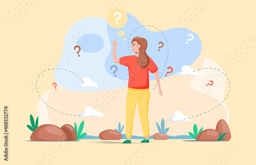 Making confusion. Woman thought about solution to problem, choose options person concept. Career, life and question decision process visualization. Person thinks hesitates to make ones choice