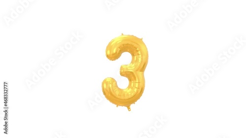 Helium Gold Balloon with Number - 3. Loop Animation with Alpha Luma Matte and Green Screen Background.