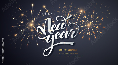Happy New Year with festive fireworks explosionson dark background. Holyday decorative elements. Congratulation banner.