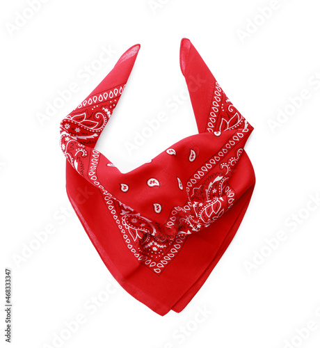 Folded red bandana with paisley pattern isolated on white, top view