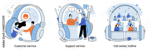 Customer support call center. Personal assistant service, person advisor hotline and helpful advice service. Support creative metaphors. Social media network services, online supporter agents