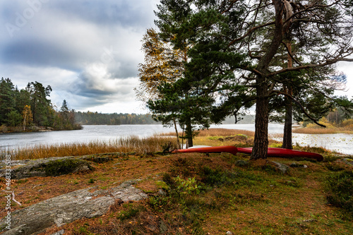 Beautiful lake or sea shore on cloudy autumn day. Fall season landscape. Red canoes lie on the shore. Fog covers the water. Colorful trees on the shore. Scandinavia.