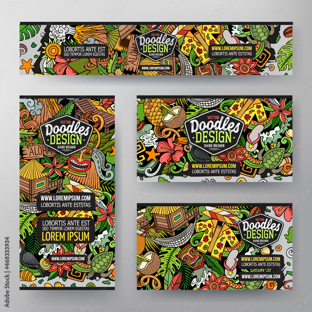 Cartoon vector doodle set of Hawaii corporate identity templates Cartoon vector doodle set of Hawaii corporate identity templates