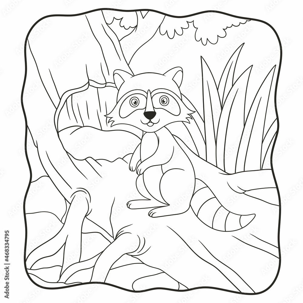 cartoon illustration raccoon standing on a big tree book or page for kids black and white cartoon illustration raccoon standing on a big tree book or page for kids black and white