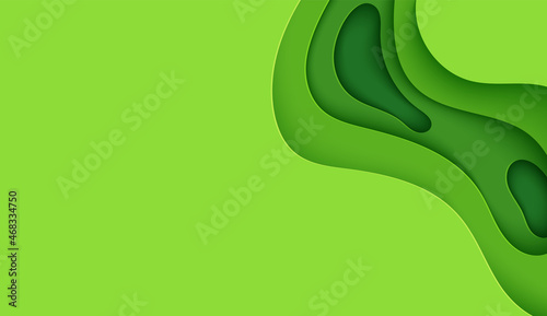 Abstract green background in paper cut style. 3d layout wallpaper cut out from cardboard. Modern template with abstract curve shapes. Vector environmental card with papercut waves for business poster.