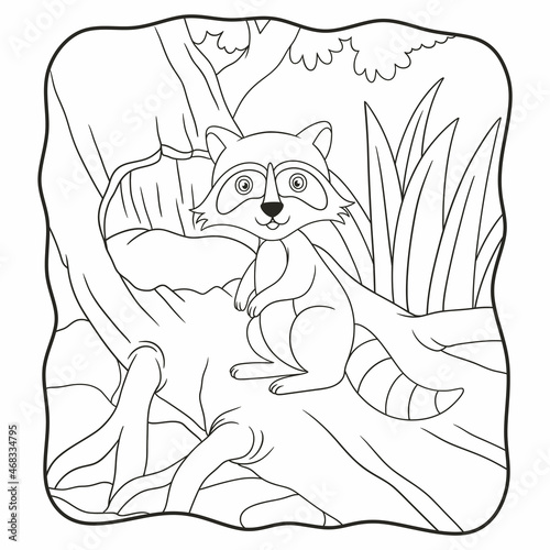 cartoon illustration raccoon standing on a big tree book or page for kids black and white