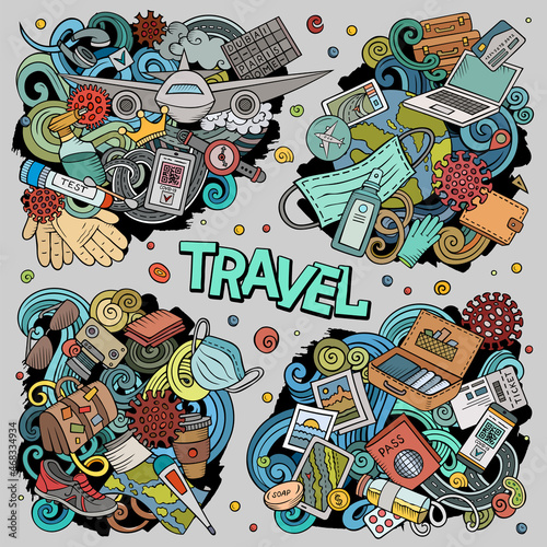 Travel cartoon vector doodle designs set.