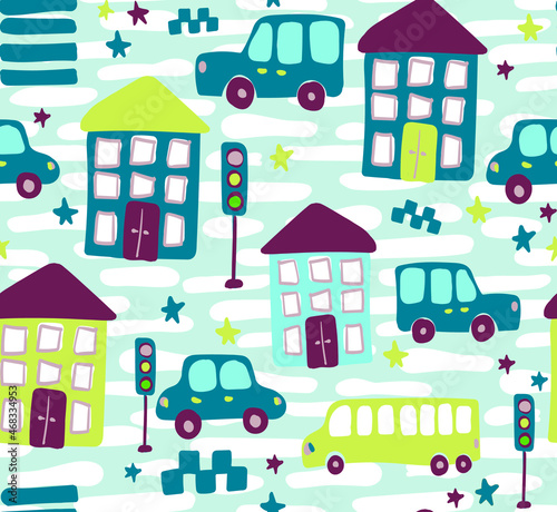  Cute kids vector seamless pattern with hand drawn cars, buses in the city with houses. Various transport for printing on textiles and paper. Illustration for boys about travel and traffic on the road © miracle15