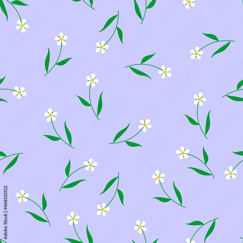 Abstract seamless pattern with white flowers on violet background. Fabric print or gift wrap. Vector design.