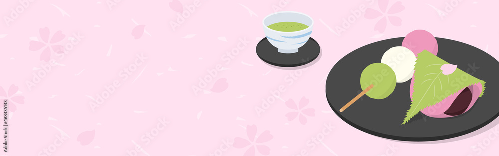 vector background with Japanese dango sweet rice dumplings, Sakura mochi and a cup of green tea vector background with Japanese dango sweet rice dumplings, Sakura mochi and a cup of green tea