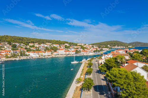 Town of Tisno on the island of Murter, Dalmatia, Croatia, aerial panoramic view