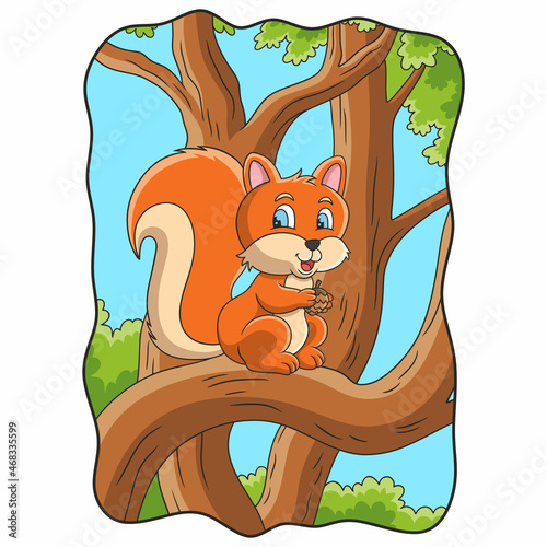 cartoon illustration the squirrel is sitting on a tree trunk in the middle of the forest