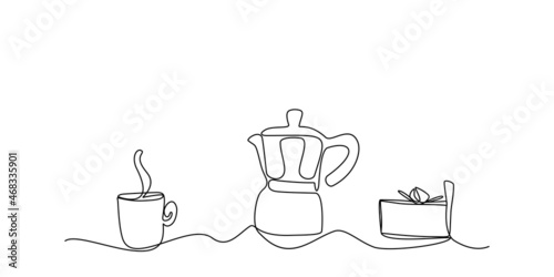 Coffee cup geyser coffee maker and a cake line art. Digital vector illustration for coffee point shop. photo