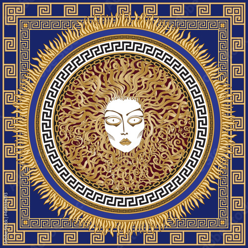 Vector shawl with Medusa Gorgon head in golden chains frame, black and gold Greek meander border pattern on a dark blue background. Baroque silk bandana, carpet print. 3 golden pattern brushes in the 